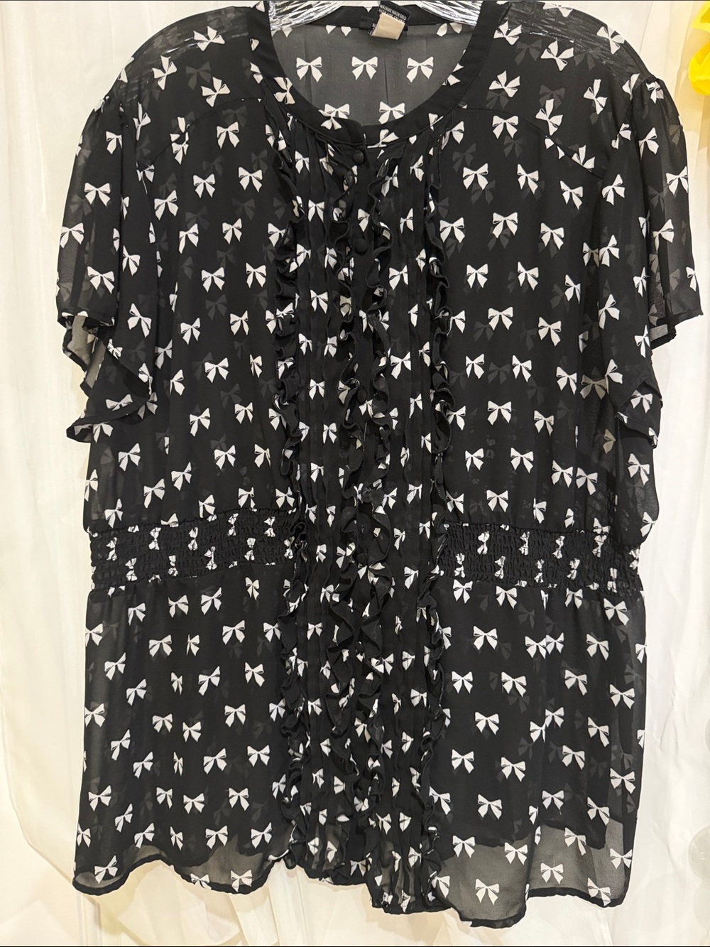Torrid Black Bow-Print Ruffle Front Women’s Blouse